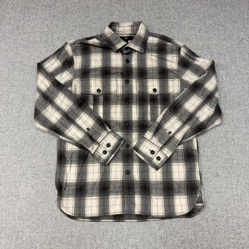 Banana Republic Plaid Flannel Button Down Shirt Small Brown Cream Relaxed Fit